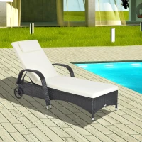 Outsunny Rattan Sun Lounger, Garden Lounger Recliner with Wheels and Adjustable Backrest, Outdoor Reclining Sunbed Garden Chair with Cushion and Headrest for Patio, Beach, Terrace, Black(m-2)