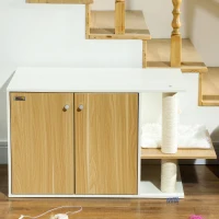 PawHut Mueble Arenero para Gatos con Centro de Juegos Cojín Pelota Puerta Lateral y Patas Antideslizantes 94x48x50,5cm Blanco(m-9)