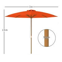 Outsunny 3m Wood Pole Parasol Umbrella - Orange(m-3)