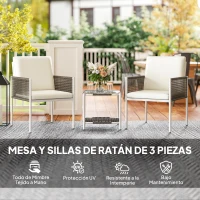 Outsunny Juego de 2 Sillas y Mesa de Ratán con Cojines Acolchados y Encimera de Vidrio para Balcón Terraza Marrón y Crema(m-4)