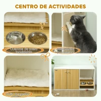 PawHut Mueble Arenero para Gatos 3 en 1 con Puertas Cojín Tazones y Estera para Rascar 95x48x50,5 cm Blanco y Roble(m-5)