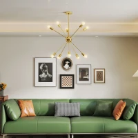 HOMCOM Lustra suspendata din metal auriu in stil Sputnik, Candelabru cu 10 lumini pentru bucatarie, sufragerie si dormitor, 65x65x78,5 cm(m-2)