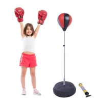 HOMCOM Saco de Boxeo de Pie Punching Ball con Altura Ajustable de 4 Niveles en 126-144 cm Base Rellenable de Agua o Arena y Guantes para Adolescentes Rojo y Negro(m-2)
