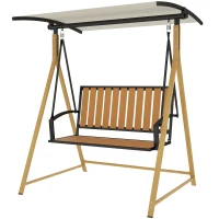 Outsunny Balancín de Jardín Exterior de 2 Plazas con Toldo Ajustable y Estructura de Metal 142x112x162 cm Madera Natural y Beige(m-11)