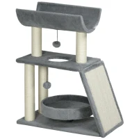 PawHut Mini Rascador para Gatos con Postes de Yute Plataforma en U Cama de Felpa y Juguetes Colgantes 60x30x76 cm Gris Claro(m-1)