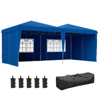 Outsunny Carpa de Jardín Plegable 6x3 m con Paredes Laterales Altura Ajustable Protección UV30+ Bolsa de Transporte Azul(m-1)