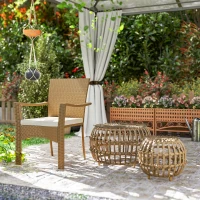 Outsunny 2er Set Beistelltisch Polyrattan Ø66/42 cm rund wetterfest Gartentisch mit Glasplatte Braun(m-9)