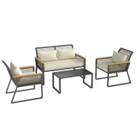 Outsunny Four Piece Wicker Rope Garden Furniture Set with Glass Top Coffee Table - Grey(m-1)