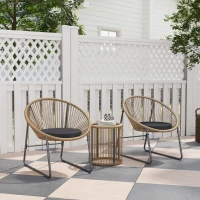 Outsunny Juego de 2 Sillas y Mesa de Ratán con Cojines Acolchados y Encimera de Vidrio para Balcón Terraza Natural(m-2)
