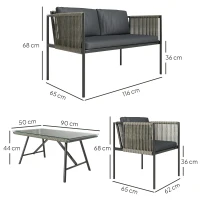 Outsunny 4-elementowy zestaw mebli ogrodowych: 1 sofa, 2 fotele, 1 stolik z blatem szklanym, poduszki, stelaż stalowy, rattan syntetyczny, Szary(m-3)
