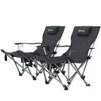 Outsunny 2er Set Campingstuhl faltbar Angelstuhl mit abnehmbar Fußstütze Kopfstütze Getränkehalter belastbar 120 kg Schwarz(m-1)