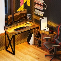 HOMCOM Escritorio Industrial con Luces LED y Estación de Carga con Patas Ajustables y Soporte en X 130x110x91 cm Madera Rústica(m-9)