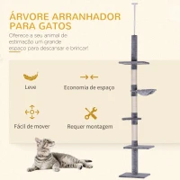PawHut Árvore Arranhadora para Gatos Arranhador para Fixar ao Teto Altura Ajustável com Plataformas Poste de Sisal 40x34x230-260cm Cinza(m-4)