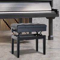 HOMCOM Banc de piano, banc de clavier réglable en hauteur en bois massif, tabouret piano avec compartiment caché, siège rembourré polyuréthane à 10 boutons, stable et antidérapant, charge 200kg, noir(m-2)