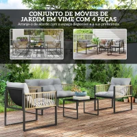 Outsunny Conjunto de Jardim de Vime Sintético de 4 Peças  Inclui Sofá de 2 Lugares 2 Poltronas 1 Mesa de Centro  Cinza e Madeira(m-4)