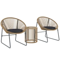 Outsunny Juego de 2 Sillas y Mesa de Ratán con Cojines Acolchados y Encimera de Vidrio para Balcón Terraza Natural(m-11)