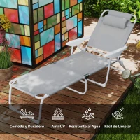 Outsunny Tumbona Plegable con Respaldo Ajustable Reposacabezas y Estructura de Metal 160x66x98 cm Gris y Blanco(m-4)