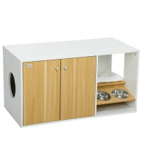 PawHut Mueble Arenero para Gatos 3 en 1 con Puertas Cojín Tazones y Estera para Rascar 95x48x50,5 cm Blanco y Roble(m-11)