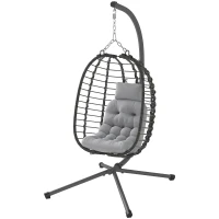 Outsunny Rattan Hanging Egg Chair, Foldable Wicker Hammock Swing Chair with Cushion, Stand, Adjustable Height, Head Pillow, Steel Frame for Garden Patio Indoor Outdoor, Light Grey(m-11)