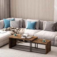 HOMCOM Juego de 2 Mesas de Centro Mesitas de Café con Patas de Metal Estilo Industrial para Salón Comedor Sala de Estar 90x48x42 cm y 59x42x36 cm Marrón Rústico(m-2)