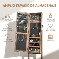 HOMCOM Espejo Joyero de Pie con Ángulo Ajustable y Ranuras para Pendientes Anillos y Collares 46x36,5x151,5 cm Marrón Rústico(m-4)