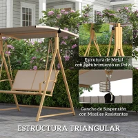Outsunny Columpio de Jardín de 2 Plazas con Toldo Ajustable y Estructura Triangular de Metal Carga 220 kg 160x112x162 cm Caqui(m-5)