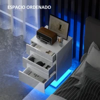 HOMCOM Mesita de Noche con LED RGB 3 Cajones y Mando a Distancia Diseño Moderno 40x35x60 cm Blanco Brillo(m-5)