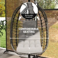 Outsunny Rattan Hanging Egg Chair, Foldable Wicker Hammock Swing Chair with Cushion, Stand, Adjustable Height, Head Pillow, Steel Frame for Garden Patio Indoor Outdoor, Light Grey(m-5)