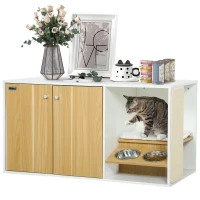 PawHut Mueble Arenero para Gatos 3 en 1 con Puertas Cojín Tazones y Estera para Rascar 95x48x50,5 cm Blanco y Roble(m-10)