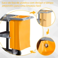HOMCOM Carro de Limpeza com Bolsa de 100L Carro de Limpeza Profissional com 3 Prateleiras e Plataforma 121x50,5x96,5 cm Cinza e Amarelo(m-6)