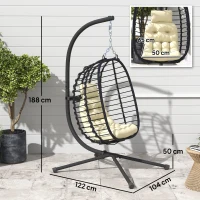 Outsunny Rattan Hanging Egg Chair, Foldable Wicker Hammock Swing Chair with Cushion, Stand, Adjustable Height, Head Pillow, Steel Frame for Garden Patio Indoor Outdoor, Cream White(m-3)