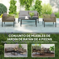 Outsunny Conjunto de Muebles de Jardín 4 Piezas con Sofá Sillones Mesa de Centro y Cojines Natural y Gris(m-4)