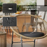 Outsunny Juego de 2 Sillas y Mesa de Ratán con Cojines Acolchados y Encimera de Vidrio para Balcón Terraza Natural(m-6)