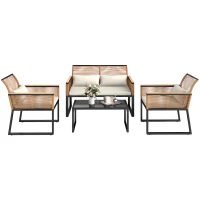 Outsunny Conjunto de Muebles de Jardín 4 Piezas de Ratán Sintético con 2 Sillones Sofá de 2 Plazas Mesa de Café Natural y Crema(m-11)