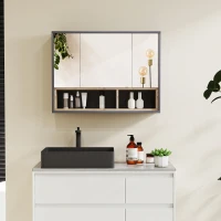 HOMCOM Mueble baño con espejo armario de baño montado en la pared con armarios de 3 puertas y 8 compartimentos Gris(m-2)