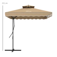 Outsunny Parasol déporté carré pour jardin avec pied en croix, poignée, lambrequin, double toit, 243L x 243l x 251H cm, kaki(m-3)
