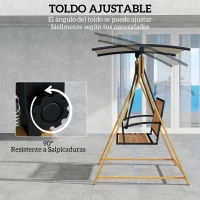 Outsunny Balancín de Jardín Exterior de 2 Plazas con Toldo Ajustable y Estructura de Metal 142x112x162 cm Madera Natural y Beige(m-4)
