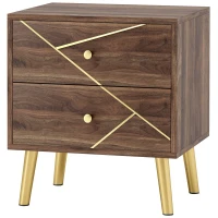 HOMCOM Mesa de Noche Mesita de Noche con 2 Cajones Tiradores Dorados Patas de Acero 45x35x50 cm Grano de Madera Marrón(m-7)