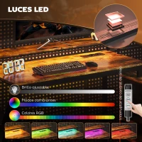 HOMCOM Escritorio Industrial con Luces LED y Estación de Carga con Patas Ajustables y Soporte en X 130x110x91 cm Madera Rústica(m-6)
