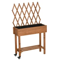 Outsunny Hochbeet, integriertes Spalier, Ablageregal, Räder, Massivholz, braun, 79 x 29 x 130 cm(m-11)