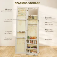 HOMCOM Armario Joyero con Luces LED y Cerradura Espejo Integrada Blanco con Veta de Madera(m-5)