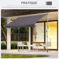 Outsunny Store banne Manuel rétractable 3L x 1,5l m Auvent Téléscopique sans Perçage Inclinaison et Hauteur réglable Installation Rapide métal alu Polyester Anti-UV gris(m-8)