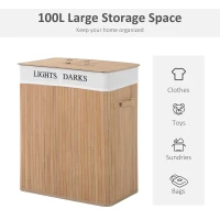 HOMCOM 100L Collapsible Natural Wood  Laundry Hamper Organizer Clothes Washing Basket Bin Storage Box w/Lid Removable Lining 52x32x63cm, Wood Color(m-4)