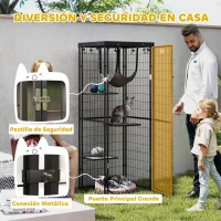 PawHut Jaula para Gatos Exterior e Interior Metálica con Cubierta Impermeable Perchas Hamaca y Puerta 61,5x55x157 cm Negro(m-6)