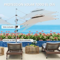 Outsunny Parasol Excéntrico Ø292 cm con Manivela Giro 360° Inclinación Ajustable Doble Techo y Base Cruzada Gris Claro(m-5)