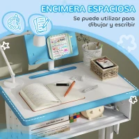 HOMCOM Juego de Escritorio y Silla Infantil de +6 Años Altura Ajustable con 1 Cajón y Estante para Libros 60x45x90-102 cm Azul(m-7)