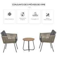 Outsunny Conjunto de Móveis de Vime Conjunto de Móveis para Jardim 3 Peças  Mesa Redonda e 2 Poltronas com Almofadas Acolchoadas Pátio Terraço Cinza e Marrom(m-4)