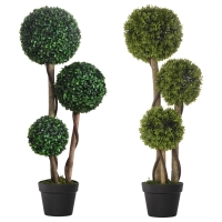 HOMCOM Decorative Artificial Plants Set of 2, Boxwood Ball Topiary Trees in Pot Fake Plants for Home Indoor Outdoor Decor, 90 cm, Dark Green