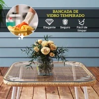 Outsunny Mesa de Jardim de Vime Sintético com Bancada de Vidro Temperado e Pés Ajustáveis 50x50x44 cm Madeira e Branca(m-5)