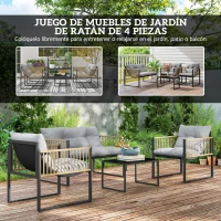 Outsunny Conjunto de Jardín de 4 Piezas con Sofá Sillones y Mesa de Ratán Sintético Cojines Cómodos y Resistente a Rayos UV(m-4)
